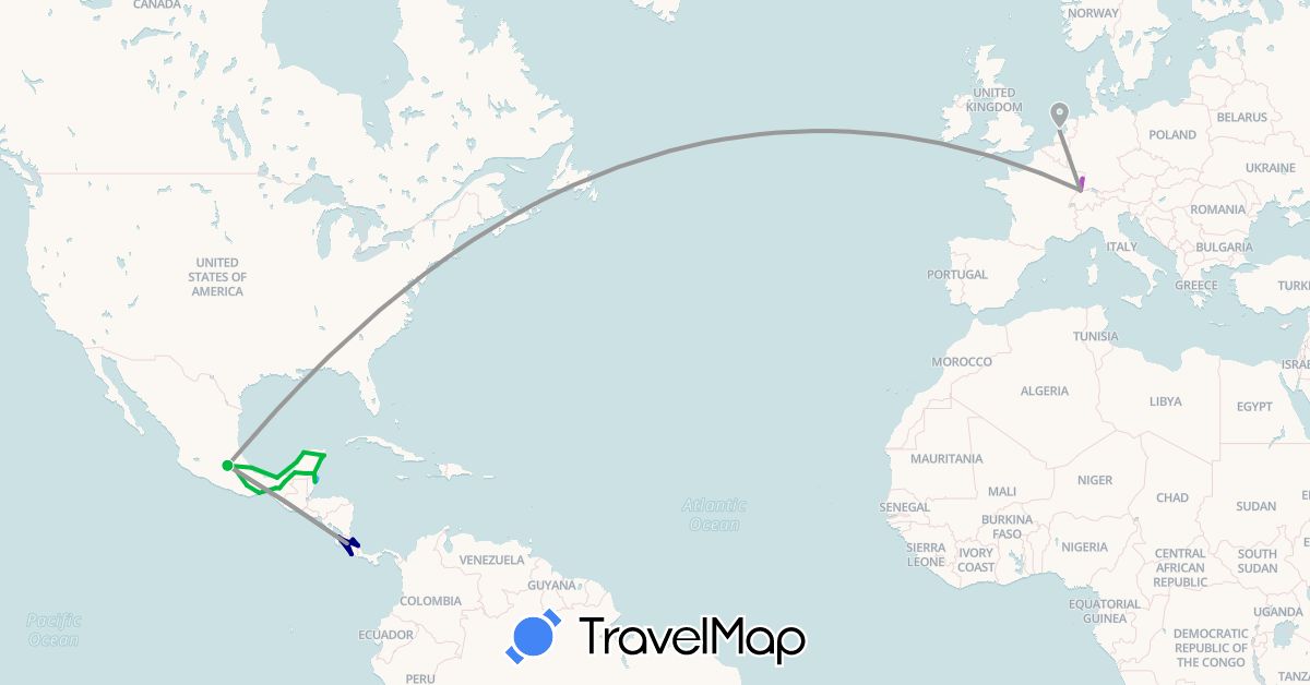 TravelMap itinerary: driving, bus, plane, train, boat in France, Mexico, Netherlands (Europe, North America)